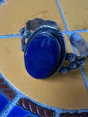 Handcrafted Sterling Cuff Bracelet with Deep Sapphire Blue Stone